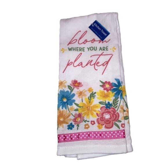 FLOWERS IN BLOOM Kitchen Towel GARDEN FLOWERS Ribbon Accent NWT 14 x 24 inches - Picture 2 of 9